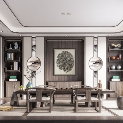 新中式禅意茶室 新中式餐桌椅 茶桌椅 吊灯 书柜 屏风 隔断 茶具 摆设