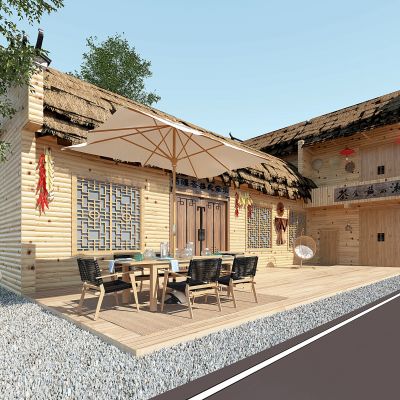 自然风农家乐茅草屋外观