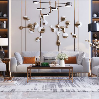现代轻奢沙发茶几组合 休闲椅 墙饰 吊灯 装饰品 摆件 落地灯