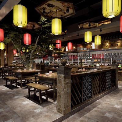 中式餐厅 方桌板凳挂牌植物树