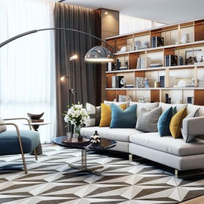 现代轻奢多人沙发单椅书柜组合