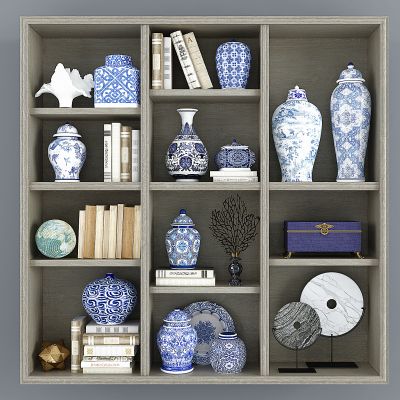 新中式青花瓷瓷器,饰品,陶罐罐子将军罐，玉璧摆件组合