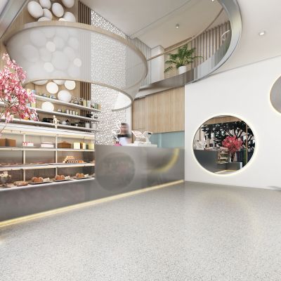 现代奶茶店 餐厅 桃树 滑滑梯