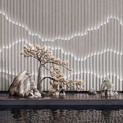 新中式山水景雕塑摆件 假山迎客松 庭院景观 枯山背景墙