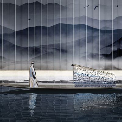 新中式集艾设计山水景船雕塑摆件组合 售楼处 会所泳池