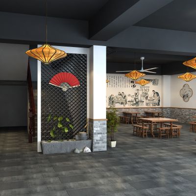 新中式民俗饭店 水槽景观 中式收银台 中式吊灯