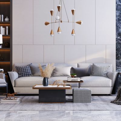 现代轻奢沙发茶几组合 休闲椅 画 吊灯 落地灯 装饰品摆件