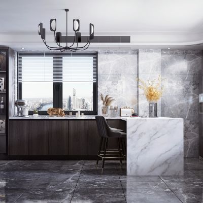 现代厨房 橱柜 装饰柜 酒柜 吧台 吧台椅 吊灯 冰箱 电器 装饰品 绿植