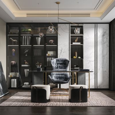 现代轻奢书房 书柜 书桌椅 凳 吊灯装饰 摆件 窗帘 挂画