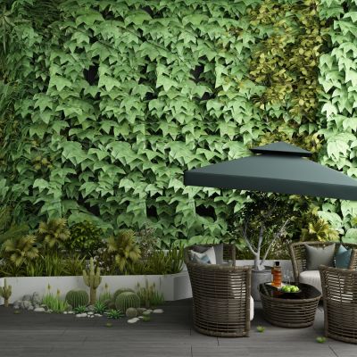 现代绿植背景墙盆栽户外藤编休闲桌椅组合