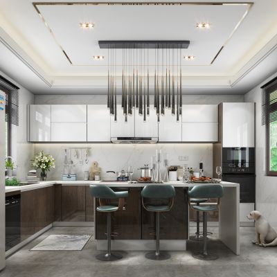 现代厨房 橱柜 油烟机 燃气灶 水槽