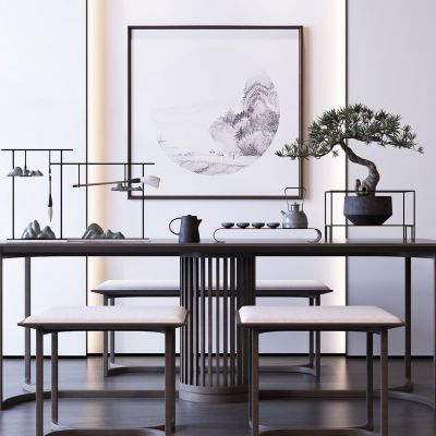 新中式茶桌椅植物摆件组合