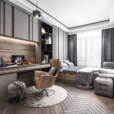 现代榻榻米卧室 书房 书桌 单椅 书柜 衣柜