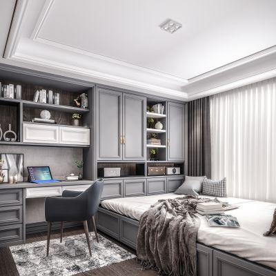 现代榻榻米卧室 书房 书桌 单椅 书柜 衣柜