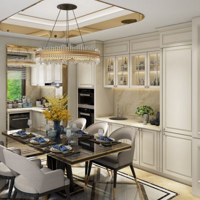 现代轻奢厨房 餐桌椅 凳子 橱柜 水吧台 瓶子 摆件 调料品