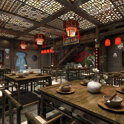 中式火锅餐厅 水景观 餐桌椅 吊灯 背景墙