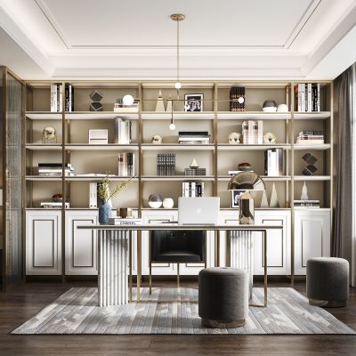 现代轻奢书房 书柜 书桌椅 凳 吊灯 台灯 装饰 摆件 窗帘 玻璃隔断