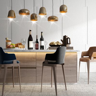 现代吧台椅吊灯酒水饰品组合