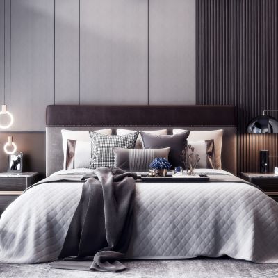 现代双人床 吊灯 床头柜