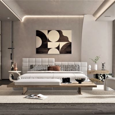 侘寂風(fēng)格臥室，雙人床，單椅