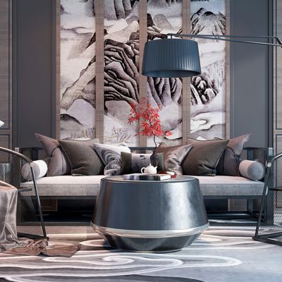 新中式客厅 沙发 茶几 椅子 背景墙