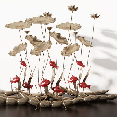 新中式金属荷花荷叶金鱼莲藕景观摆件