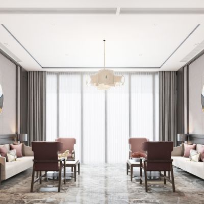 新中式会客厅 洽谈室 沙发 椅子 吊灯 壁灯 茶几 角几