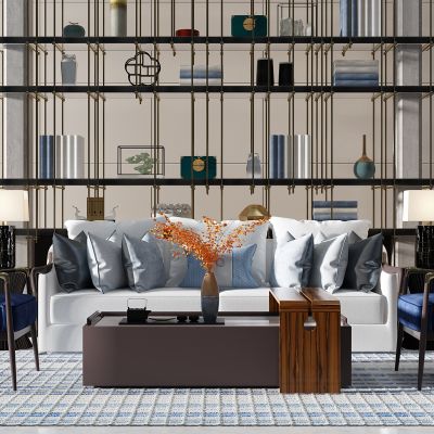 新中式沙发茶几休闲椅子金属书柜书架台灯摆件