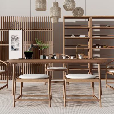 新中式禅意茶室茶桌椅书柜藤编吊灯茶具字画