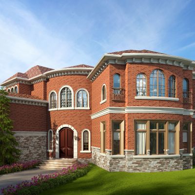 欧式别墅花丛植物树