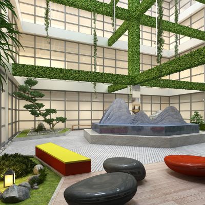 新中式商场大堂景观中庭山形片石座椅