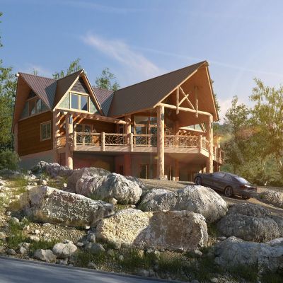 现代山村树林丛林石头树书屋景观配景