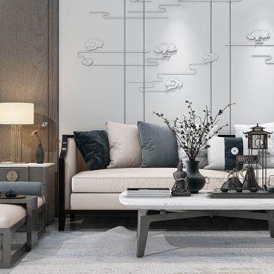 新中式沙发茶几灯几铁艺建筑摆件卧榻凳台灯花瓶茶具祥云浮雕