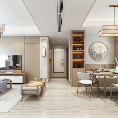 新中式客餐厅 吊灯 挂画 沙发 茶几 餐桌椅