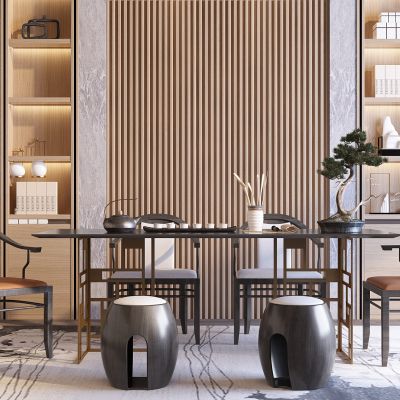 新中式茶桌椅椅子木墩茶具书柜背景