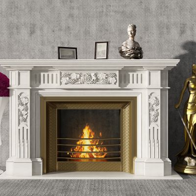 欧式法式雕花壁炉人物雕塑玫瑰花瓶葡萄浮雕