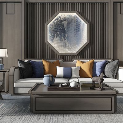 新中式沙发茶几单人沙发