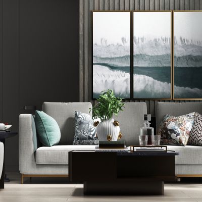 现代轻奢休闲绒布多人沙发 茶几 饰品