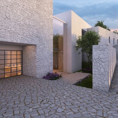 欧式别墅花草花池植物树配景奥迪跑车