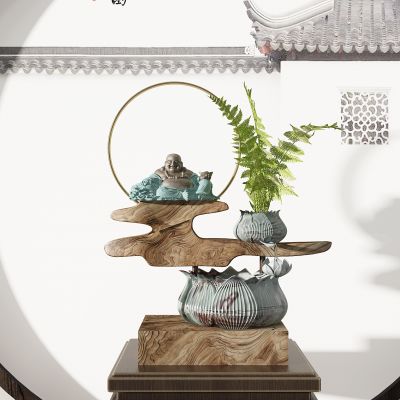 新中式圆形背景风水招财摆件佛像莲花花盆根雕摆件