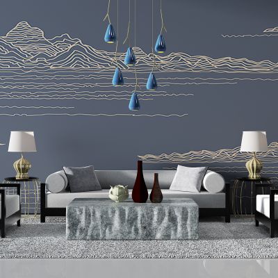 新中式沙发石头毛石茶几边几台灯单人沙发卧榻