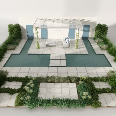 现代园林景庭院草丛花丛树