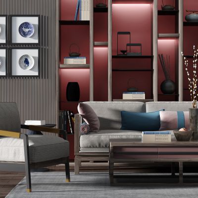 新中式木框沙发茶几盘子挂画立体画挂饰休闲椅子摆件