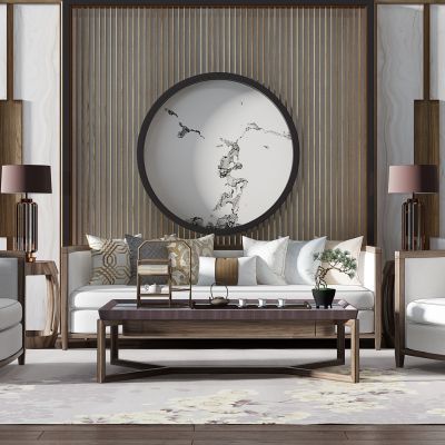 新中式东南亚实木沙发茶几茶具抱枕靠背边几圆形背景墙