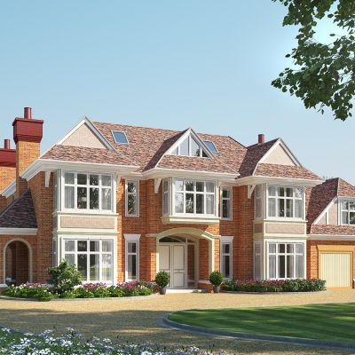 欧式别墅花草花池植物树配景