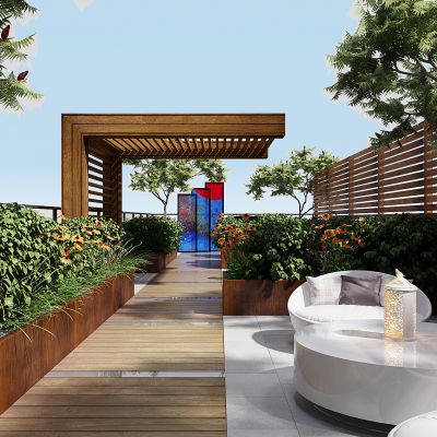 现代园林景观庭院阳台花丛花池花槽