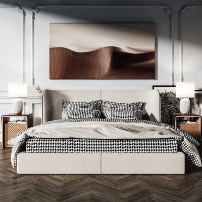 现代双人床 挂画 床头柜