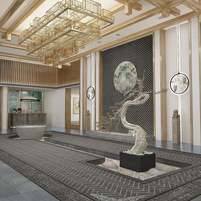 新中式民宿酒店会所茶楼大堂大厅接待台吊灯松树景观水景干枝木梁架