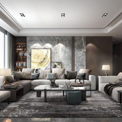现代客厅 沙发 椅子 茶几 角几 书柜 台灯 背景墙