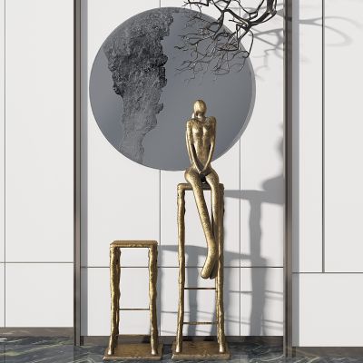 新中式圆形背景端景台玄关人物雕塑艺术品摆件干枝